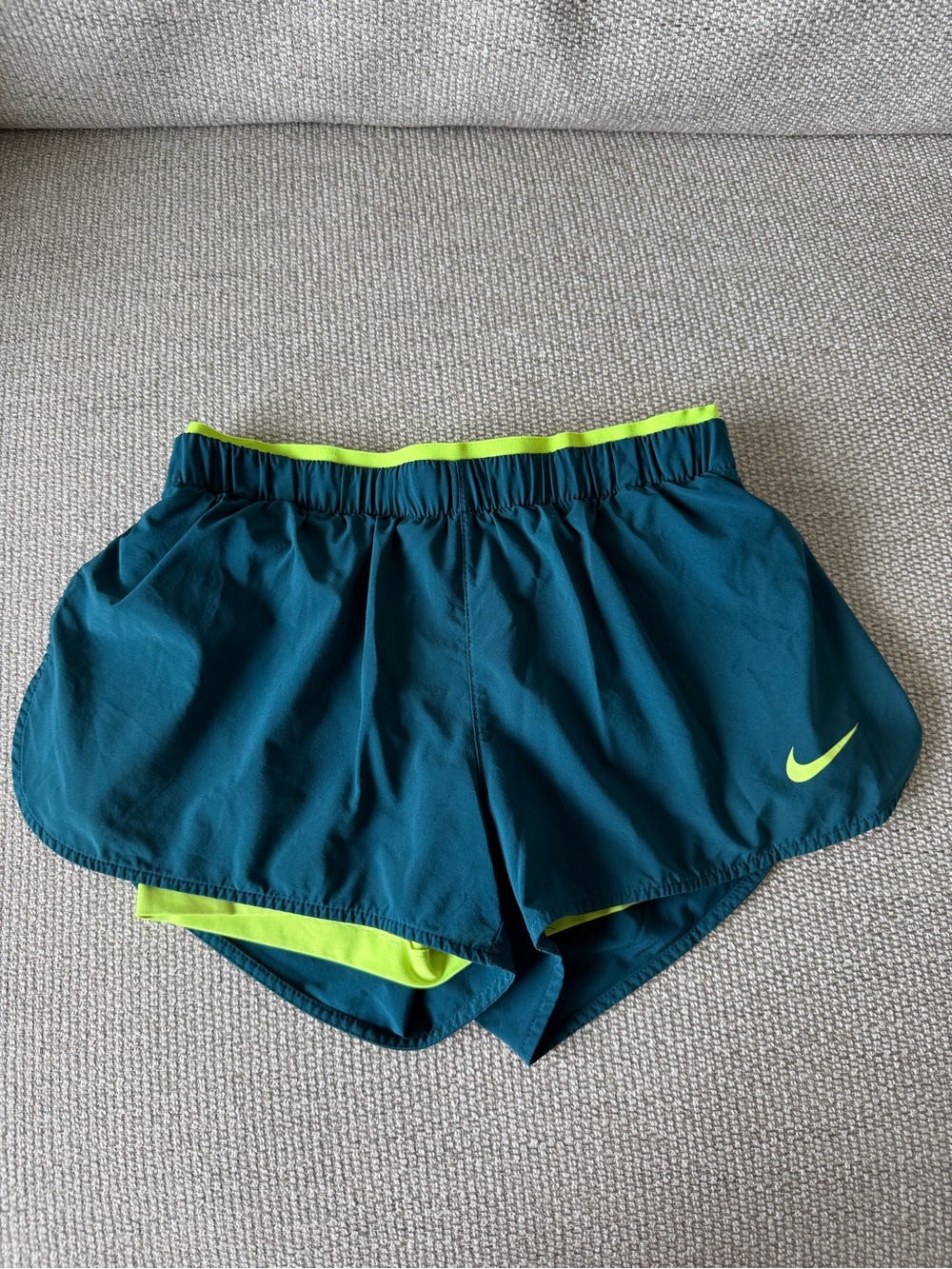 Nike Women's Teal Running Shorts with Neon Yellow Trim